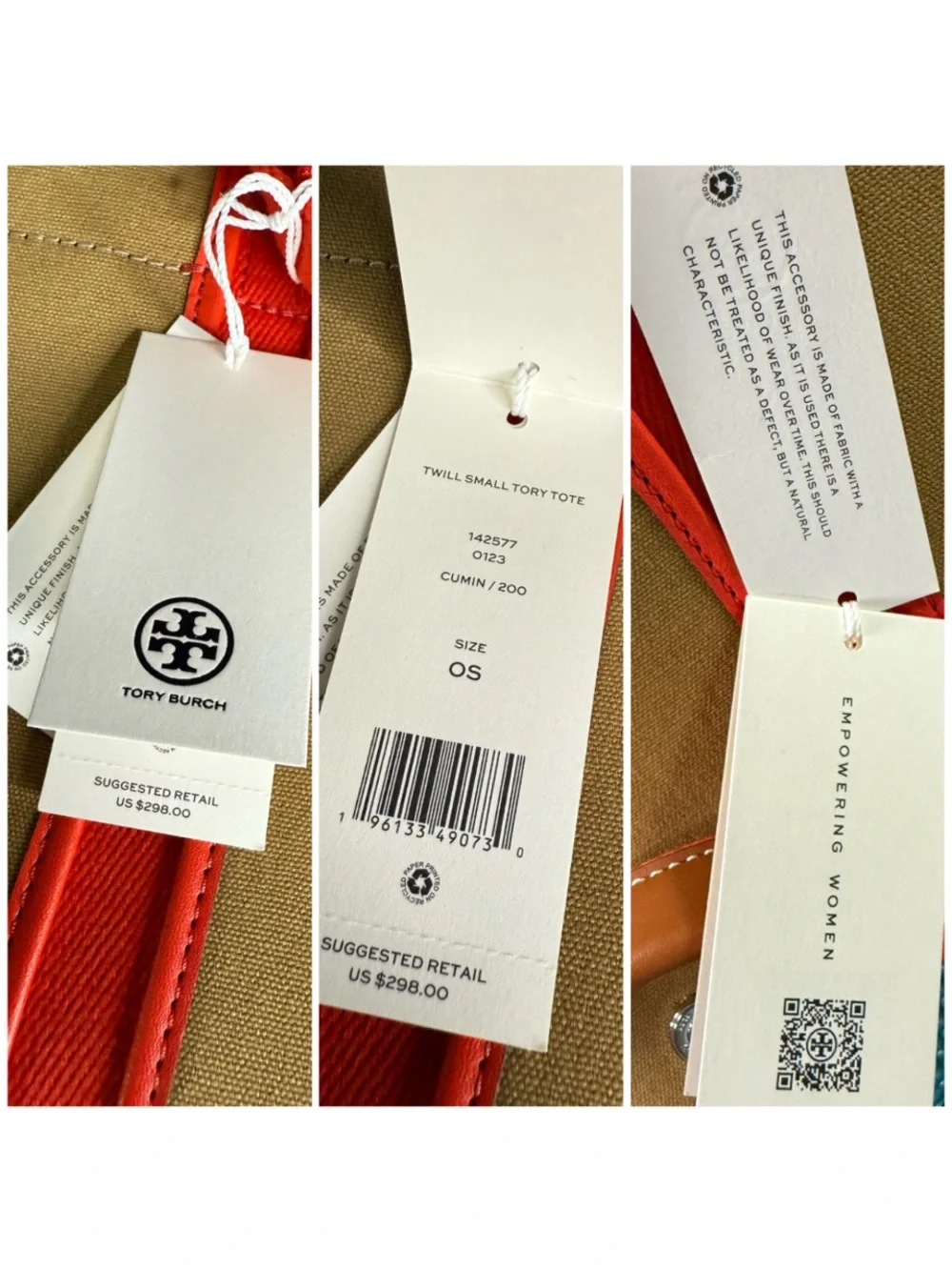 Tory Burch Brown Orange Tory Small Twill Canvas Tote Handbag